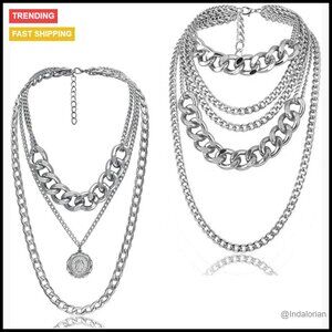 Punk Chain Chunky Necklace Multilayer Collar Sterling Silver